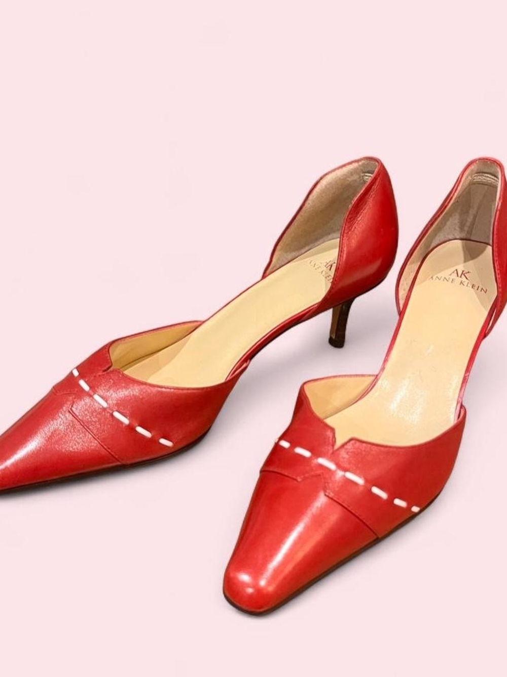 Anne Klein Red Leather Pointed-Toe Low Heels